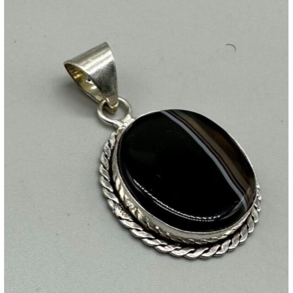 Black Striped Agate Pendant 925 Sterling Silver Oval Twisted Rope Frame 1.5"